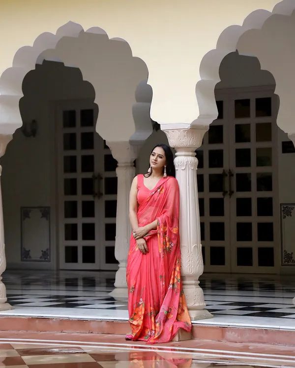 Multicolour_Floral_H_Painted_Crimson_Chiffon_Saree_For_Women